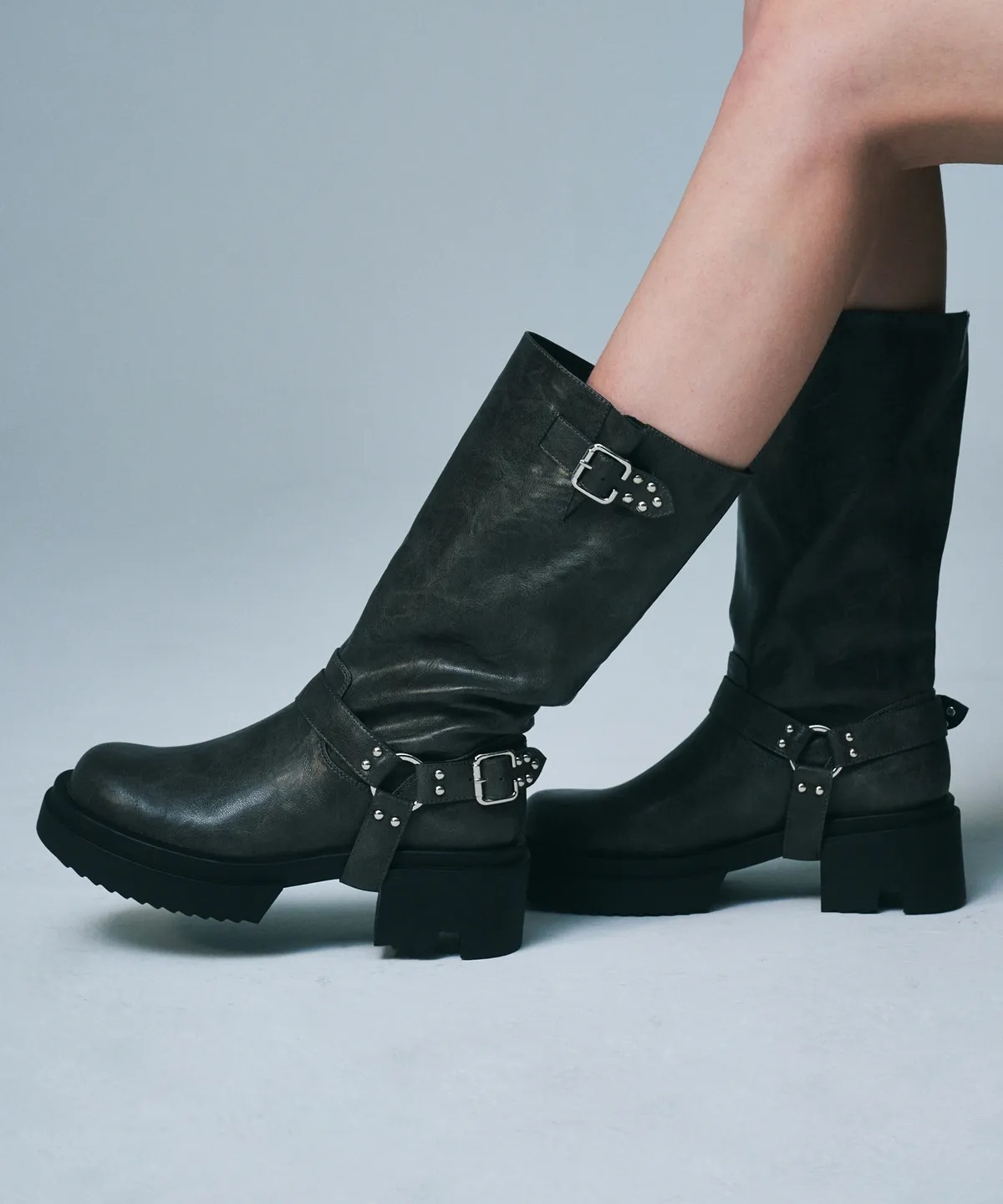 SALT AND CHOCOLATE Round Toe Rider Buckle Boots