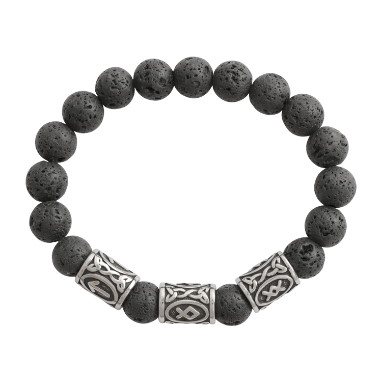 串珠手鍊，男士手鍊 霧黑熔岩火山石；盧恩符文Tiwaz&Ingwuz&Othala 代表正義、新生與智慧（4172）