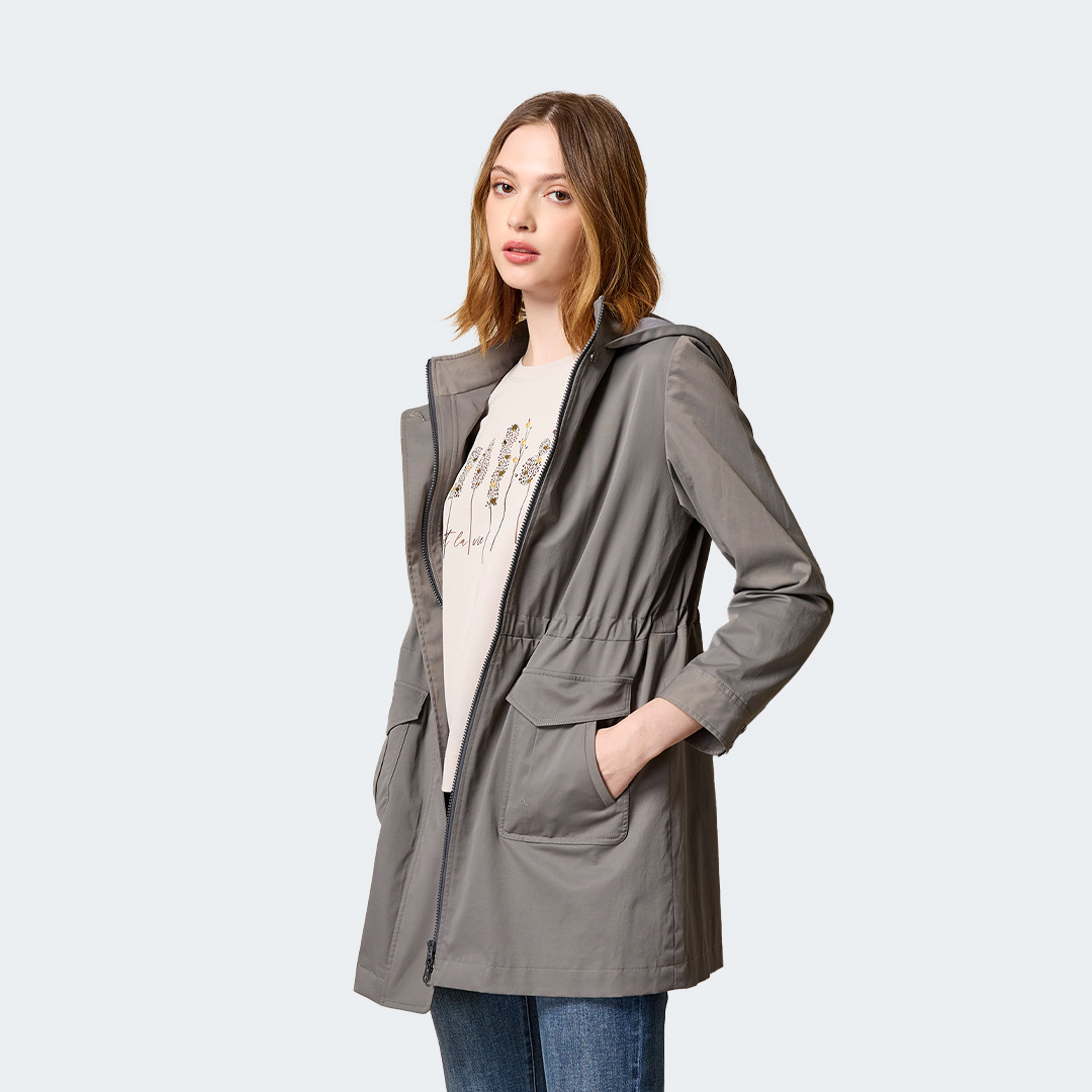 輕前開連帽長版防風外套