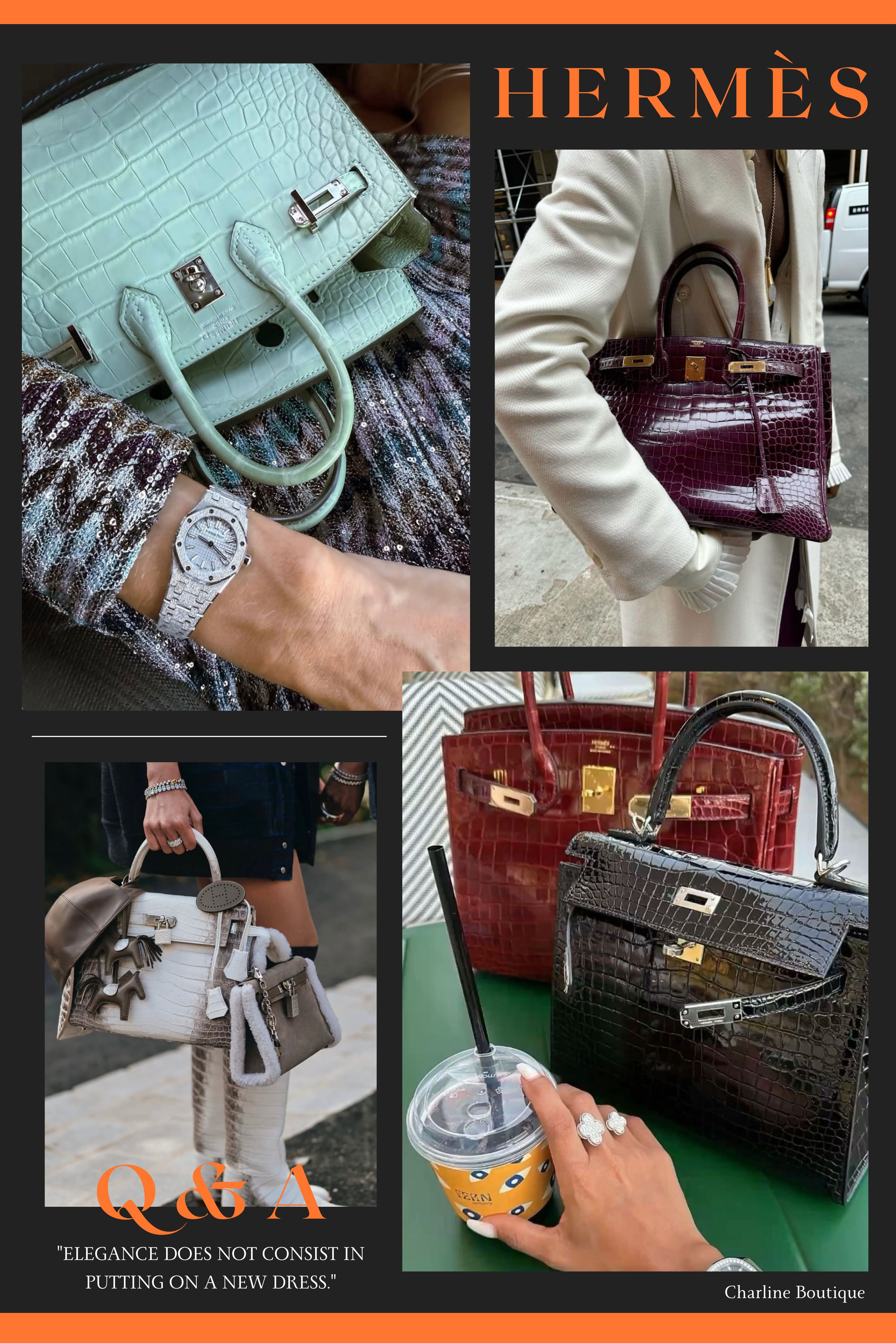 💬 Hermès 鱷魚皮包收藏延伸問答｜Charline Boutique 整理版  延續我們前面談到 Hermès 鱷魚皮獨特的稀有與工藝精神，以下是許多客人最常詢問的問題，Charline Boutique 整理出十個真實又實用的收藏重點👇  Q1：Hermès刻印怎麼看？鱷魚包上的刻印分別代表什麼意思？  A：Hermès刻印的看法主要有兩種：製造年份和特殊標記。而Hermès 鱷魚包上的刻印符號其實代表不同的鱷魚皮來源與等級，每一種都象徵獨特的稀有度與質感差異：  「＾」倒V刻印：代表 婆羅洲長吻鱷（Crocodile Porosus），又稱「灣鱷」。 ‣ 皮質最細緻、紋理對稱、氣孔明顯。 ‣ 稀有度最高，是 Hermès 鱷魚皮中的頂級款。   「●●」兩點刻印：代表 尼羅鱷（Crocodile Niloticus）。 ‣ 多用於經典的「喜馬拉雅」系列。 ‣ 紋路方形、皮質厚實，霧面款尤為受歡迎。 ‣ 經過拋光後能呈現豐富色彩，是色彩系鱷魚包常用皮革。   「□」方塊刻印：代表 美洲短吻鱷（Alligator Mississippiensis）。 ‣ 鱗片較大、手感厚實，光澤度高。 ‣ 生產量相對較多，是 Hermès 鱷魚皮中價格最親民的一款。 ‣ 適合喜歡高亮澤質感與實用性的收藏者。   Q2：Hermès 稀有皮革保養方式  A：根據 Hermès 官方說明，稀有皮革（如鱷魚皮、蜥蜴皮、鴕鳥皮）極為細膩，應避免陽光直射、潮濕與高溫環境。建議收納時以絲質防塵袋包覆，置於乾燥通風處，並遠離香水、化妝品與任何含酒精成分的物質。日常清潔僅需使用乾淨柔軟的布輕輕拭去灰塵，切勿使用一般皮革保養油或清潔劑，以免破壞皮革結構。  若不慎沾水、刮傷或產生污漬，Hermès 官方建議勿自行處理，應儘速送回 Hermès 專門店或授權維修中心，由專業工匠進行護理與評估。  根據 Charline Boutique 的顧客經驗與 Hermès 官方建議，定期將稀有皮革包送回品牌進行專業清潔，不僅能延長皮革壽命，更能維持其自然光澤與手感。長期妥善保養的包款，即使使用多年，依然能展現Hermès 稀有皮革特有的柔韌與光澤度。    Q3：Hermès 皮革的種類與顏色會影響價格嗎？  A：會的。Hermès 包款的價格除了尺寸與款式外，皮革種類與顏色稀有度也是主要影響因素之一。  皮革種類差異： 柔軟、稀有或製作難度高的皮革（如鱷魚皮、蜥蜴皮、鴕鳥皮）價格通常高於一般皮革（如 Togo、Clemence、Epsom）。稀有皮革屬限量供應，製作工序更繁複。   顏色稀有度： 某些顏色因染製難度高、產量少或僅限特殊訂製而價格更高。像 喜馬拉雅色系、Vert d’eau（水綠） 或特殊訂製的「季節限定色」常在二級市場溢價明顯。    市場與收藏價值： Charline Boutique 觀察到，亮面稀有皮革與淺色系包款在收藏市場特別搶手；而 金剛色（Gris Tourterelle、Etoupe、Gold 等中性色調） 因耐用與百搭，也能長期維持穩定價值。  整體而言，Hermès 的價格組合可視為「皮革種類 × 顏色稀有度 × 工藝難度」的結果，越稀有、越難取得的組合，價格自然越高。    Q4：除了鱷魚皮外，Hermès 還有哪些稀有皮革值得收藏？  A：除了鱷魚皮，Hermès 也使用蜥蜴皮（Lizard）、鴕鳥皮（Ostrich）等稀有皮革，各具特色與收藏價值。  蜥蜴皮：皮質細膩光滑、紋路緊密，常見種類包括尼羅河巨蜥與薩爾瓦多巨蜥（Ombre Lizard）。後者因自然六角鱗紋與漸層色澤，被視為蜥蜴皮中最稀有的款式，有「蜥蜴皮中的喜馬拉雅」之稱。此類皮革多用於製作小型包款，如 Birkin 25 或 Kelly Pochette。   鴕鳥皮：以圓形羽毛囊孔為最大特徵，孔點分布越密、價值越高。這種皮革會隨時間與光線變化而產生自然光澤，具有越用越亮的獨特魅力，因此深受收藏家喜愛。  整體來說，Hermès 的稀有皮革各自展現獨特性格與美學價值。Charline Boutique 的觀察是：蜥蜴皮細膩高雅、鴕鳥皮柔軟富變化、則以耐用與低調奢華見長。各有魅力，也讓收藏者能依個人風格找到屬於自己的珍藏選擇。    Q5：除了Hermès還有哪些品牌有推出稀有皮革?  A：除了 Hermès外，當然也有許多頂級品牌擁有稀有皮革的高端包款與配件。而各品牌在皮革應用與風格上各具代表性：  Loro Piana：不僅使用鱷魚皮、鴕鳥皮與蜥蜴皮，還提供蛇皮等罕見材質，以柔和色調與高品質手感著稱，是兼具低調奢華與性價比的選擇。  Chanel 與 Dior：兩大法國精品代表經常推出稀有皮革設計包款，像鱷魚皮 Lady Dior 或蜥蜴皮 Classic Flap，都以極高辨識度與華麗質感著稱。  Louis Vuitton：除了經典的 Monogram 帆布系列外，也推出以鱷魚皮與鴕鳥皮製成的 Capucines 與 City Steamer 等高端款式。   Delvaux ：皆以極高皮革工藝聞名，旗下稀有皮革包款以細膩的製作與柔和色澤受到收藏家青睞，與 Hermès 同屬頂級奢侈品領域。  雖然許多品牌皆推出稀有皮革產品，但 Charline Boutique 留意到，在皮革選料、合法來源與手工細節控制上，Hermès 依然被公認為業界標準與稀有皮革工藝的最高象徵。    Q6：稀有皮革有哪些價錢會差很多嗎？  A：稀有皮革的價格差異極大，主要受到皮革種類、來源、品質、品牌價值與製作工藝等多重因素影響。不同動物的皮革價格差別明顯，像鱷魚、蜥蜴、蟒蛇、鴕鳥、魟魚等稀有皮革，由於飼養成本高、數量稀少且取皮過程嚴謹，因此價格普遍遠高於一般牛皮。來源方面，人工飼養的皮革成本雖高但品質穩定；野生動物皮革則因稀有程度、獵捕難度與保育限制而更具收藏價值。許多稀有皮革同時受到《瀕臨絕種野生動植物國際貿易公約》（CITES）保護，交易需附合法文件。皮革品質同樣是關鍵，例如頭層皮（Full-grain Leather）因耐用與透氣性佳，被視為頂級用料，而紋路的完整度與後製工藝如拋光、染色或壓紋技術，也會直接影響價格。品牌與工藝則是價值放大的核心，頂級品牌憑藉聲譽與工匠手工技術，將皮革變成藝術品。除此之外，稀有顏色或獨特色澤的皮革因產量極低，市場供不應求時價格更易飆升。整體而言，稀有皮革的價值不僅來自其稀缺與品質，更體現在品牌背後的故事與人手工藝的極致追求。    Q7：Hermès 稀有皮革製成的有哪些包款？  A：Hermès 以極致工藝打造多款稀有皮革包，每一款都展現不同風格與收藏價值。Charline Boutique 的觀察是，以下幾個系列最常採用鱷魚皮、蜥蜴皮與鴕鳥皮等珍稀材質：  Birkin（鉑金包）：最具代表性的稀有皮革包款，常見材質包含倒V鱷（Porosus）、尼羅鱷（Niloticus）與鴕鳥皮。部分限量版本如「喜馬拉雅 Birkin」被視為收藏界頂級之作。  Kelly（凱莉包）：結構挺拔優雅，是蜥蜴皮與亮面鱷魚皮的經典選擇。特別款如 Kelly Pochette 與 Kelly Mini 常以蜥蜴皮製作，展現細膩質感。  Constance（康康包）：小巧俐落的設計非常適合蜥蜴皮與鴕鳥皮。特別是 Ombre Lizard（漸層蜥蜴皮）版本，在收藏市場中極具代表性。  Kelly Pochette：手拿包常見於蜥蜴皮材質，數量稀少、光澤獨特。  Mini Kelly / Birkin 25：因體積較小，常採稀有皮革製作，既輕盈又具收藏價值。  小型配件系列：部分特別訂製款會使用亮面蜥蜴皮，細節精緻、極具辨識度。  Hermès 的稀有皮革包款不僅象徵極致工藝，也代表收藏家的品味與眼光。Charline Boutique 認為，每一種皮革都蘊藏著不同的故事與個性，選擇適合自己的材質與色調，才是真正理解 Hermès 的奢華之道。    Q8：想開始收藏Hermès 鱷魚等稀有皮，應該從哪一款入手最適合？  A：初次收藏可從 霧面尼羅鱷（Mat Niloticus） 或 鴕鳥皮（Ostrich） 開始，價格穩定、耐用且保值度高，是最實際的入門選擇。若預算較高，可考慮 灣鱷皮（Crocodile Porosus，標記「^」），其鱗片細緻、稀有度高，常用於 Birkin 與 Kelly 等經典包款。Charline Boutique 建議：第一次入手可挑選熱門尺寸與經典色調，如 Birkin 25 或 Kelly 28 的霧面鱷魚皮款，既優雅百搭，又能兼顧保值與收藏潛力。    Q9：Hermès 稀有皮革包能在專門店直接買到嗎？還是需要配貨？  A：一般來說，Hermès 的稀有皮革包（如鱷魚皮、蜥蜴皮或鴕鳥皮）不會直接陳列販售，而是透過內部配貨制度提供給熟客。這些包款多屬限量製作，需由專屬銷售顧問根據顧客的消費紀錄與配貨順序安排。  Charline Boutique 的觀察是，稀有皮革 Birkin 或 Kelly 通常僅提供給長期支持品牌的 VIP 客戶，新客若想入手，可先累積購買歷史或考慮透過專業代購協助。  許多收藏者會選擇由 Charline Boutique 協助代購，因為我們能協助客人確認皮革標記、來源證書（CITES）與市場行情，確保購入的包款為真品、合法且具收藏價值。    Q10：Hermès 皮革種類有多少？哪幾種最經典？  A：Hermès 的皮革種類超過 50 種，各具特色與用途，主要包括以下幾類：  Togo 皮革：紋理細緻、抗刮、結構穩定，是 Birkin 最常見的皮革之一。   Taurillon Clemence 皮革：質地柔軟、有自然垂墜感，適合喜歡隨性風格的使用者。   Epsom 皮革：經壓紋處理、重量輕、顏色飽和，挺度高，常見於 Kelly 及入門款。   Swift 皮革：手感滑順、色澤均勻，呈現柔和細膩的光澤。   Box Calf 皮革：經典光滑皮革，質感高雅、歷久彌新，是 Hermès 的代表材質之一。   Chèvre（山羊皮）：輕盈耐刮，紋理細密，常用於小型包與內襯。   稀有皮革系列：包含鱷魚、蜥蜴、鴕鳥等，高度稀有且具收藏價值。  Charline Boutique 觀察到，Togo 和 Clemence 是最受歡迎的日常皮革，而 Epsom 因輕盈挺身、色彩鮮明，也成為許多女性的入門首選。