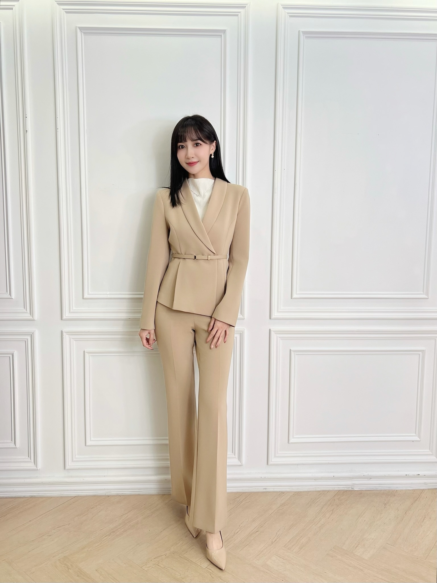 翻領腰帶荷葉腰身套裝(裙/褲可選) - 卡其