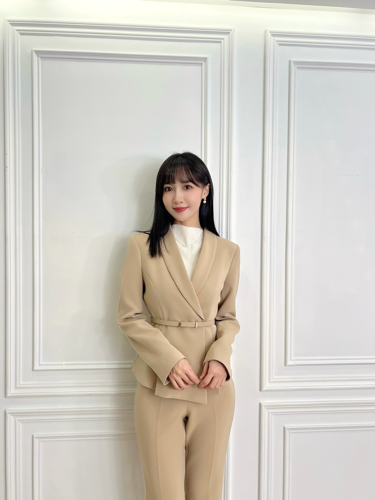 翻領腰帶荷葉腰身套裝(裙/褲可選) - 卡其