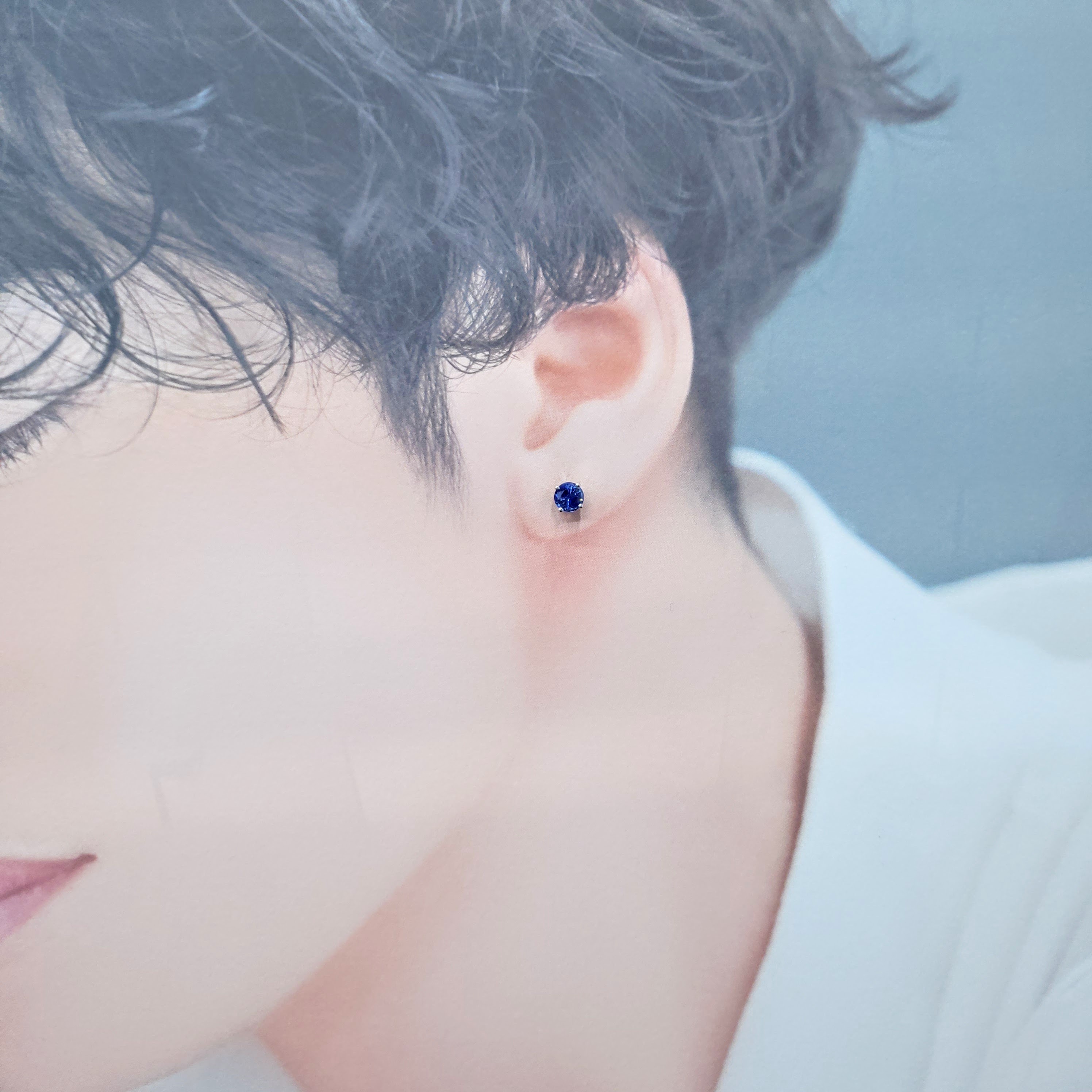 全新18K白金【主石74份藍寶石】單耳環