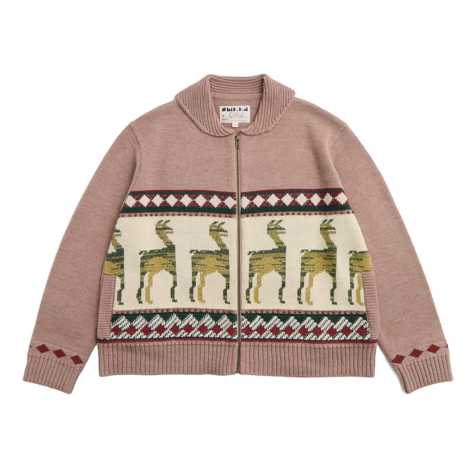 Guanaco Jacquard with Wooden Bead Trim Zip Knit Jacket