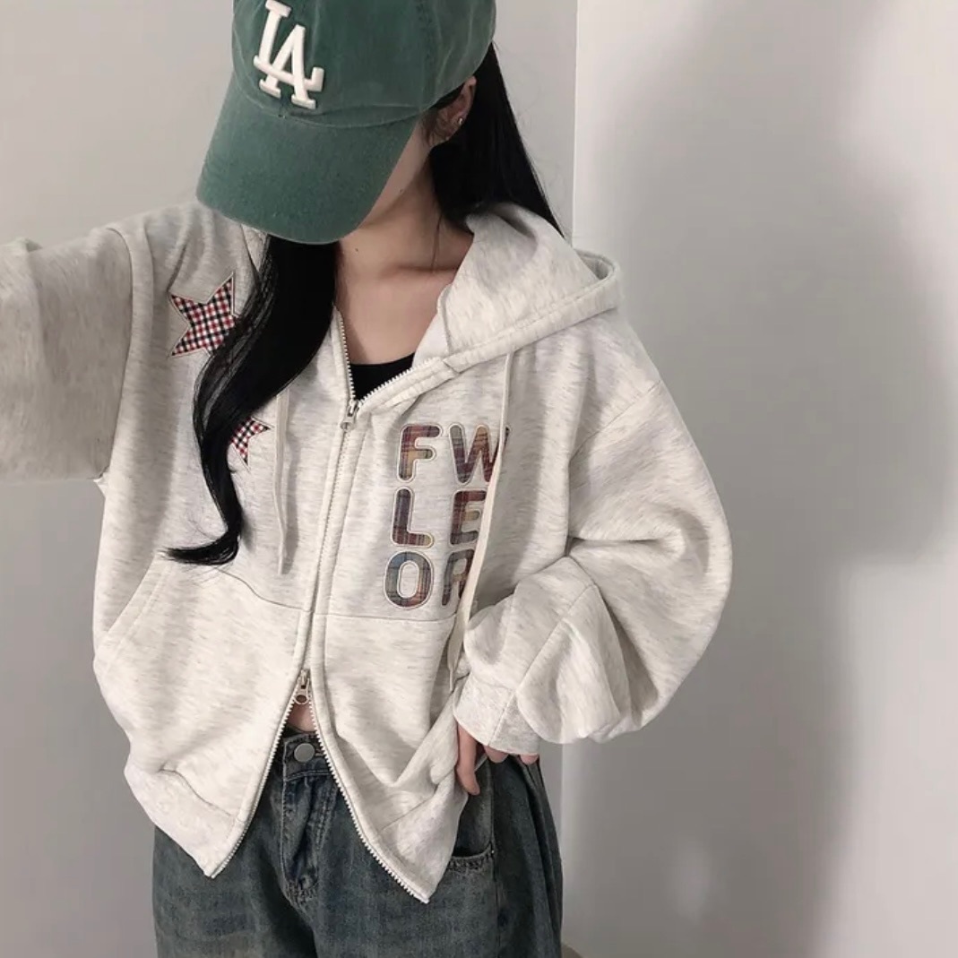 【優惠預訂】韓國FLOWER格紋星星拉鍊外套（4色）