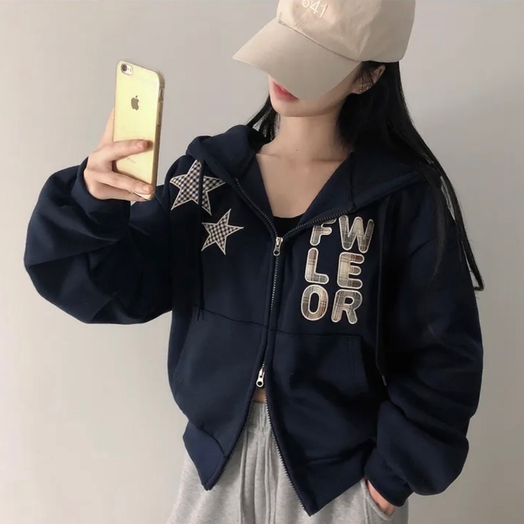 【優惠預訂】韓國FLOWER格紋星星拉鍊外套（4色）