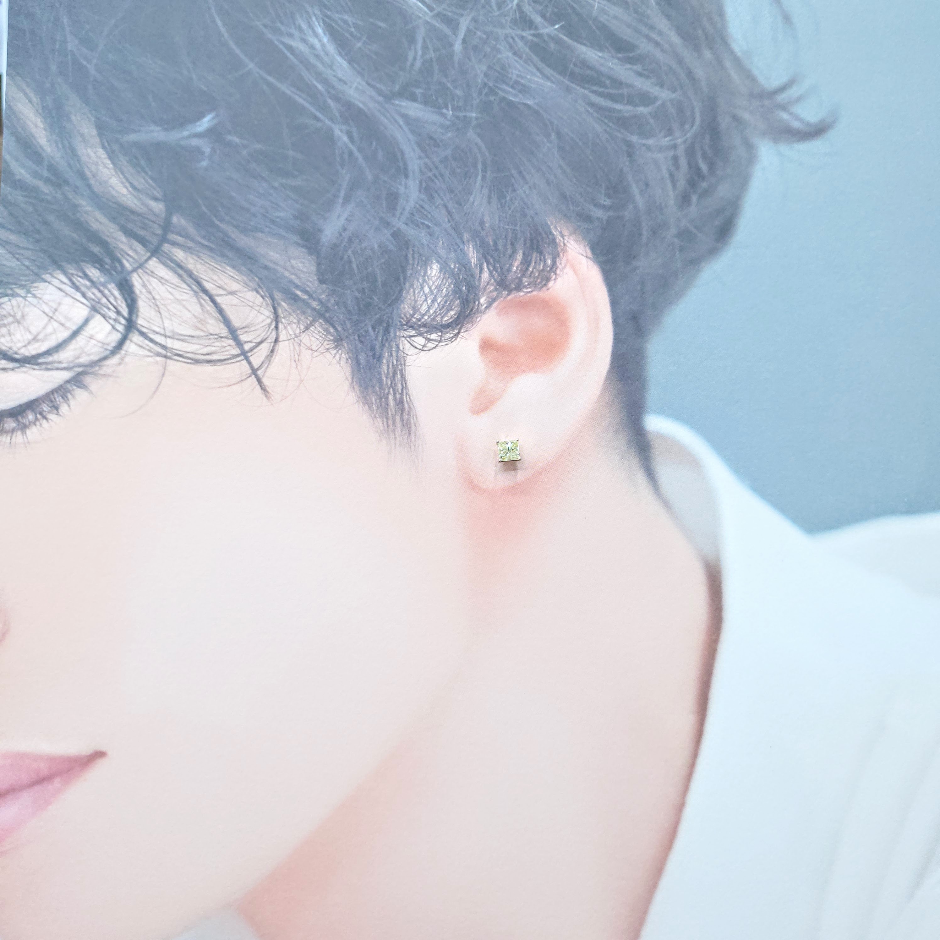 全新18K白金【主石44份方形彩黃鑽】單耳環