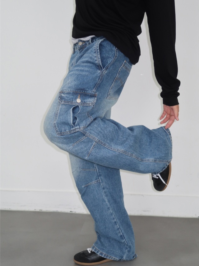 (韓國獨家特價)雙排褶工裝牛仔褲