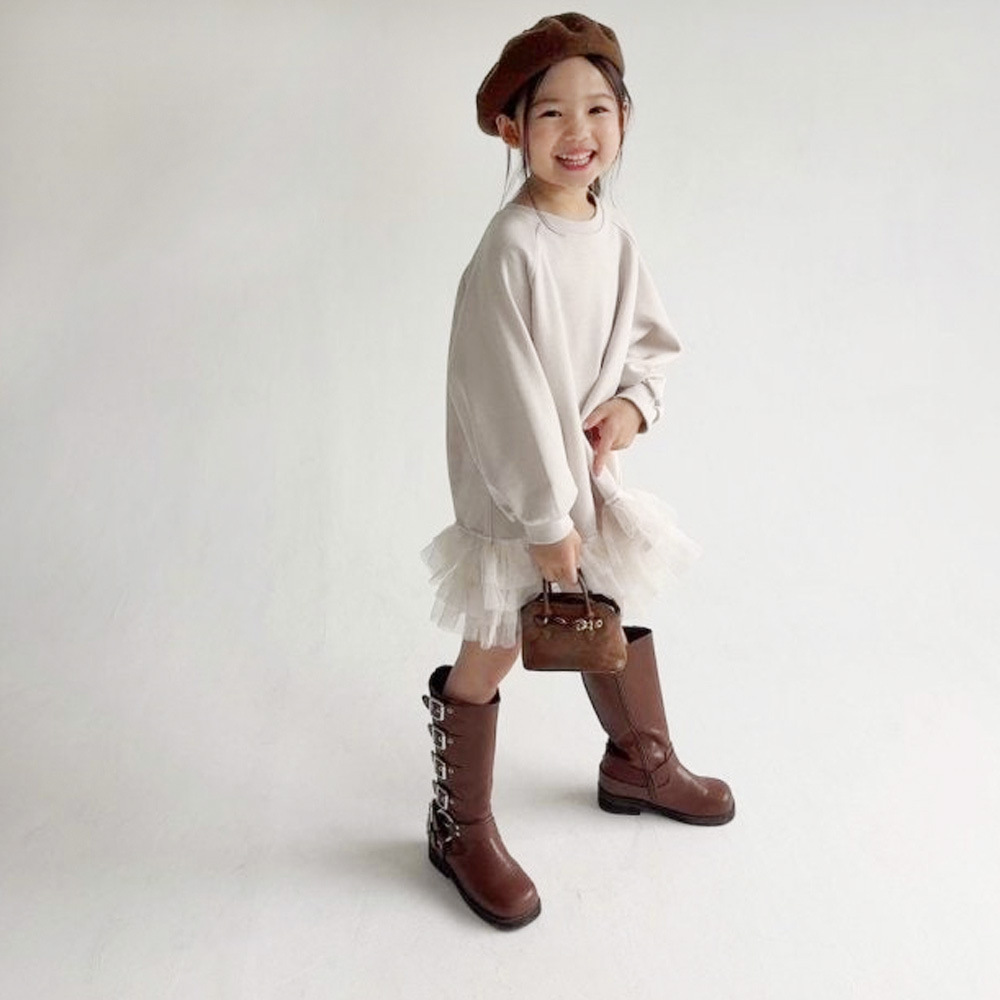 親子款 杏色素面拼接紗長版上衣 90-140cm M/L #25335