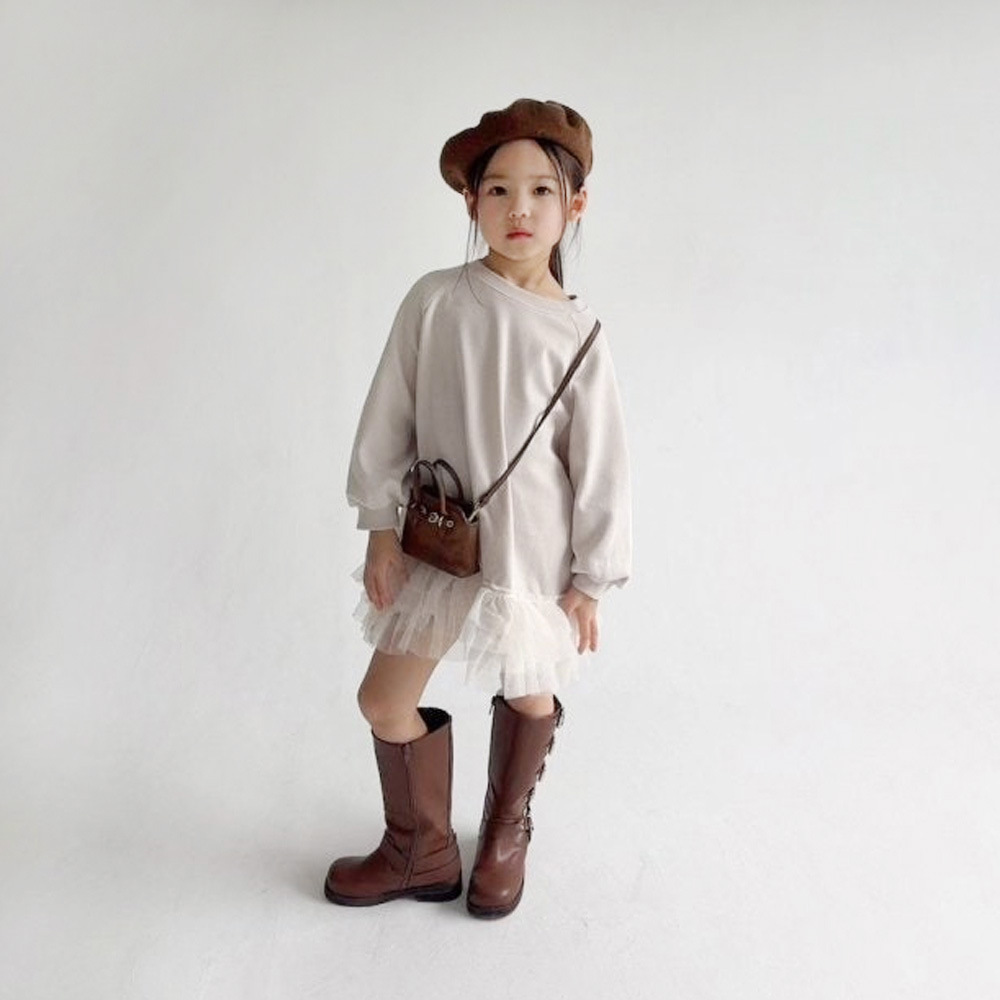 親子款 杏色素面拼接紗長版上衣 90-140cm M/L #25335