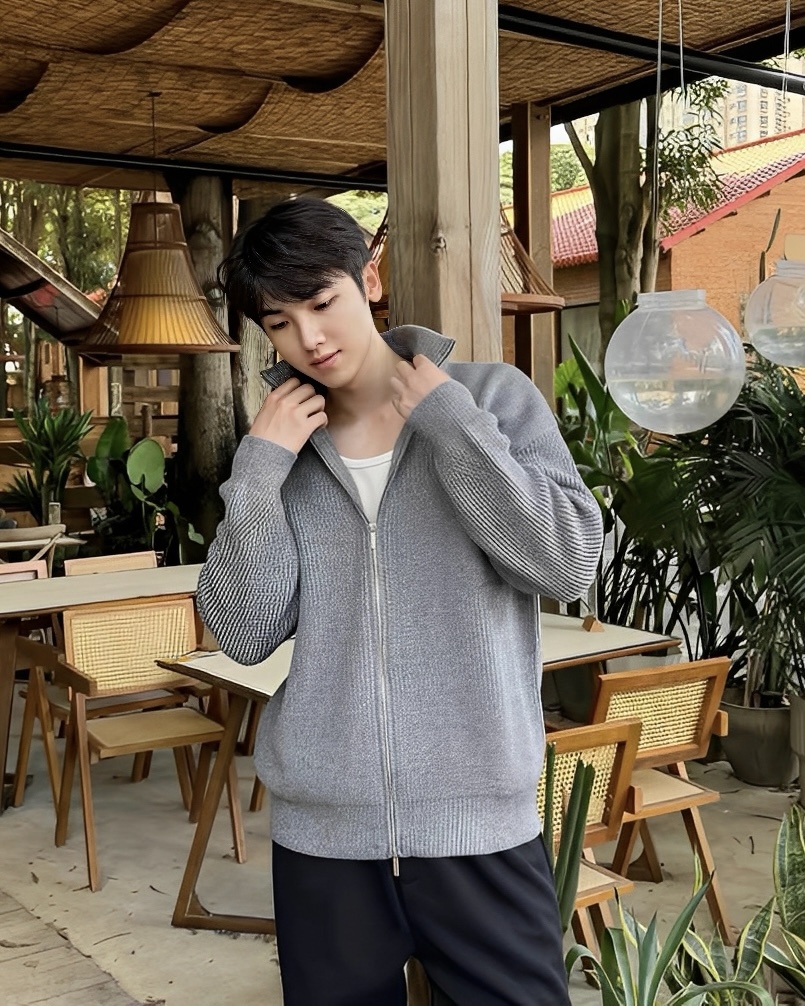 3色 質感 雙拉鍊 針織 高領 外套