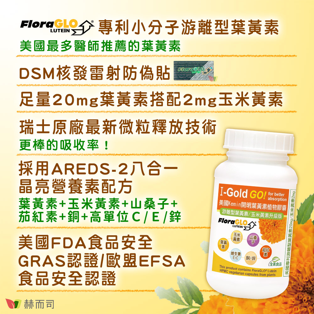 FloraGLO®Lutein專利小分子游離型葉黃素：美國最多醫師推薦的葉黃素！DSM核發之雷射防偽貼，足量20mg葉黃素搭配2mg玉米黃素，瑞士原廠最新微粒釋放技術：更棒的吸收率！採用ARED-2八合一晶亮營養素配方：葉黃素+玉米黃素+山桑子+茄紅素+銅+高單位C/E/鋅，美國FDA食品安全GRAS認證+歐盟EFSA食品安全認證