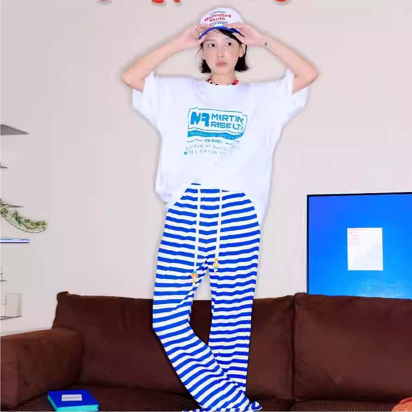 Fluffy Closet - 紅藍條紋寬鬆百搭休閑褲