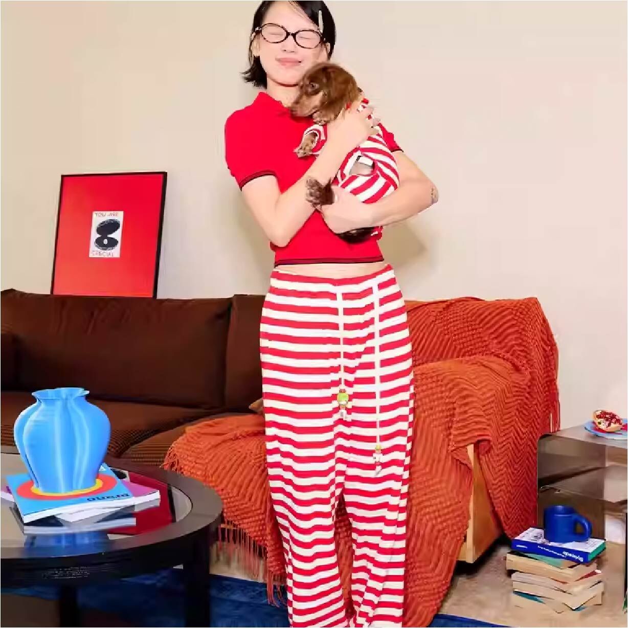 Fluffy Closet - 紅藍條紋寬鬆百搭休閑褲