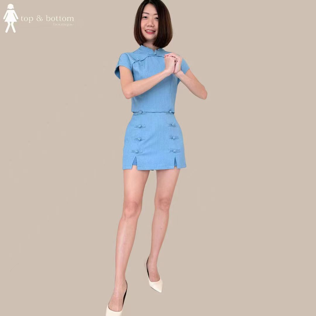 SOFT DENIM CHEONGSAM CROP BLOUSE & SKIRT SET SUIT
