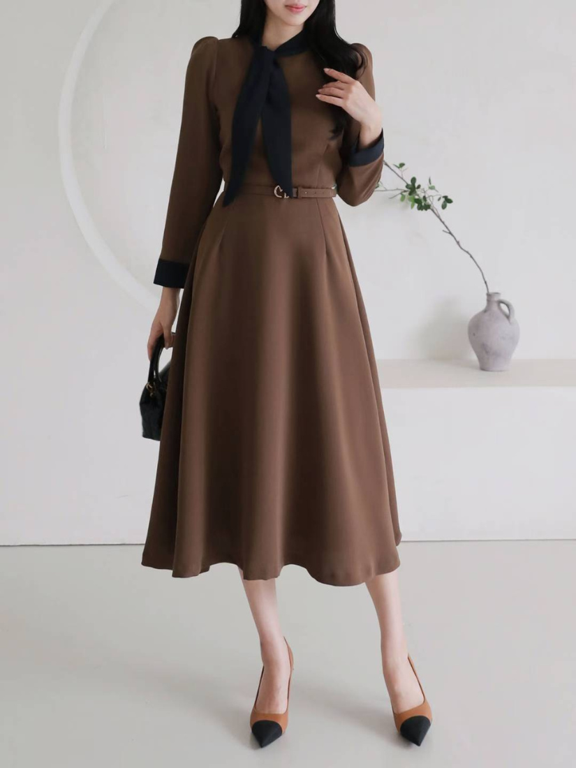 Deirdre 領巾撞色A字長洋裝 [ 2色 / S,M,L ]