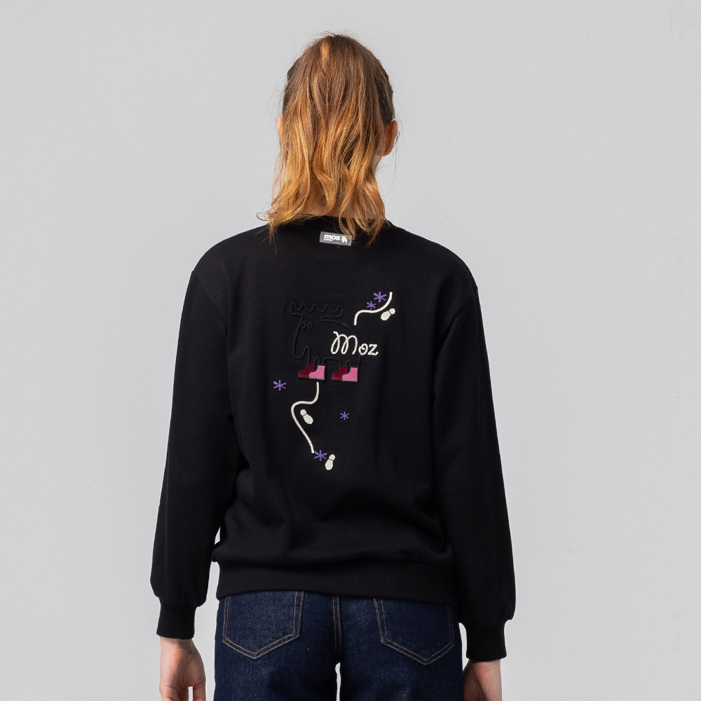 Fleece Embroidered Moose Footprint, 100% Cotton, Classic Black College T-Shirt (Asian Version), Women's