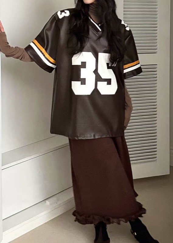 35皮革V領寬版上衣