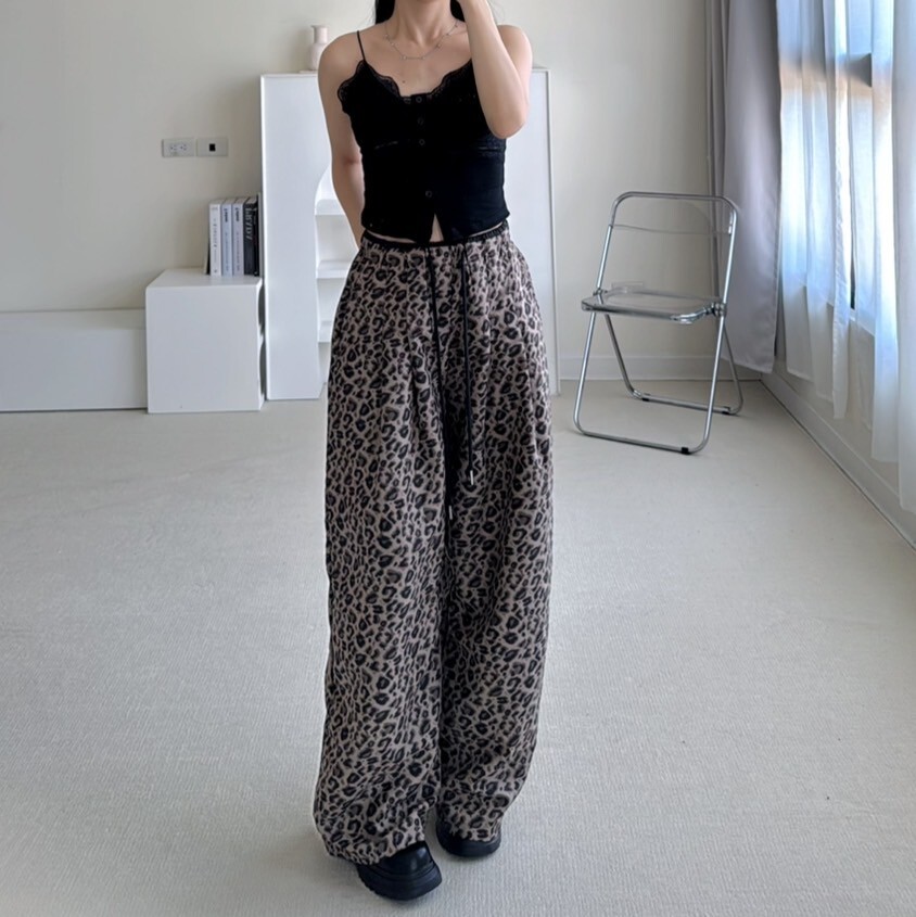 豹紋款美式復古抽繩顯瘦直筒寬褲（現貨）