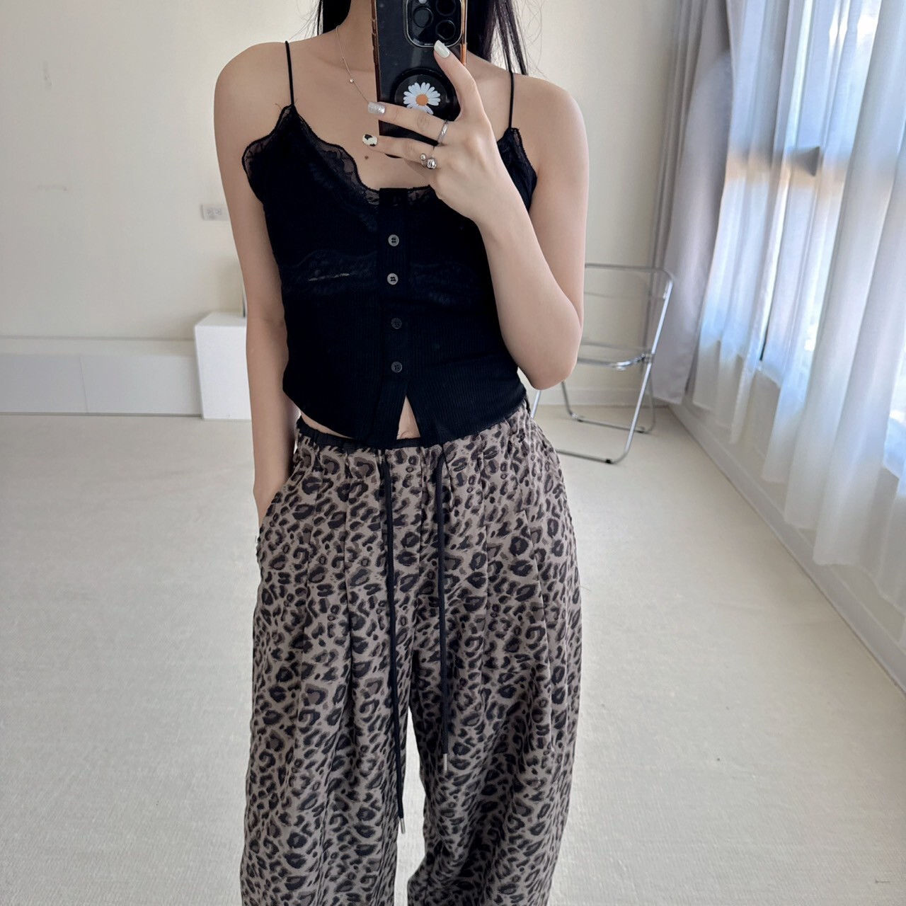 豹紋款美式復古抽繩顯瘦直筒寬褲（現貨）