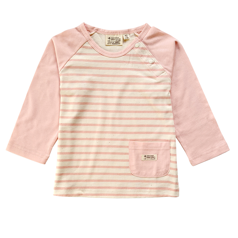 有機棉幼兒拉克蘭袖薄長T-粉紅細條 | 藍天畫布有機棉