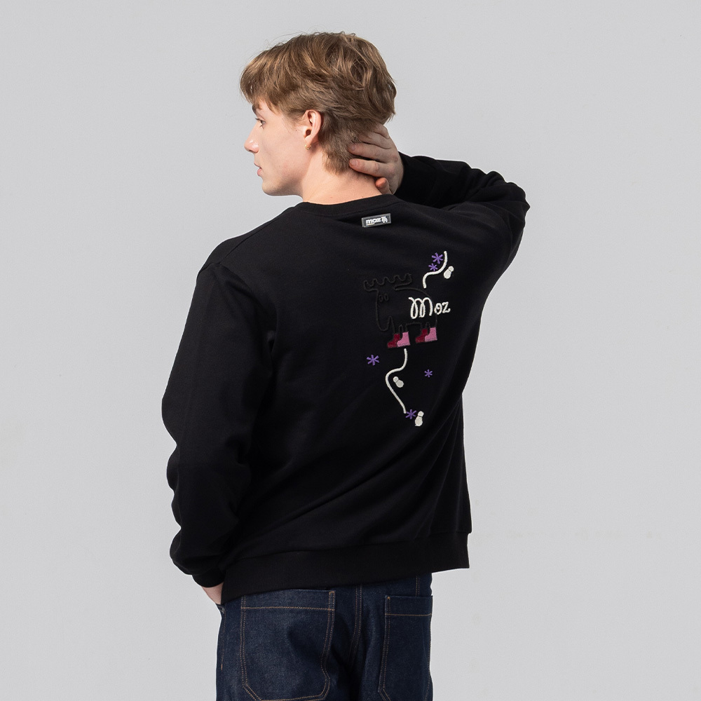 絨毛繡 駝鹿足跡 100%純棉 大學T-經典黑(亞洲版) 男款