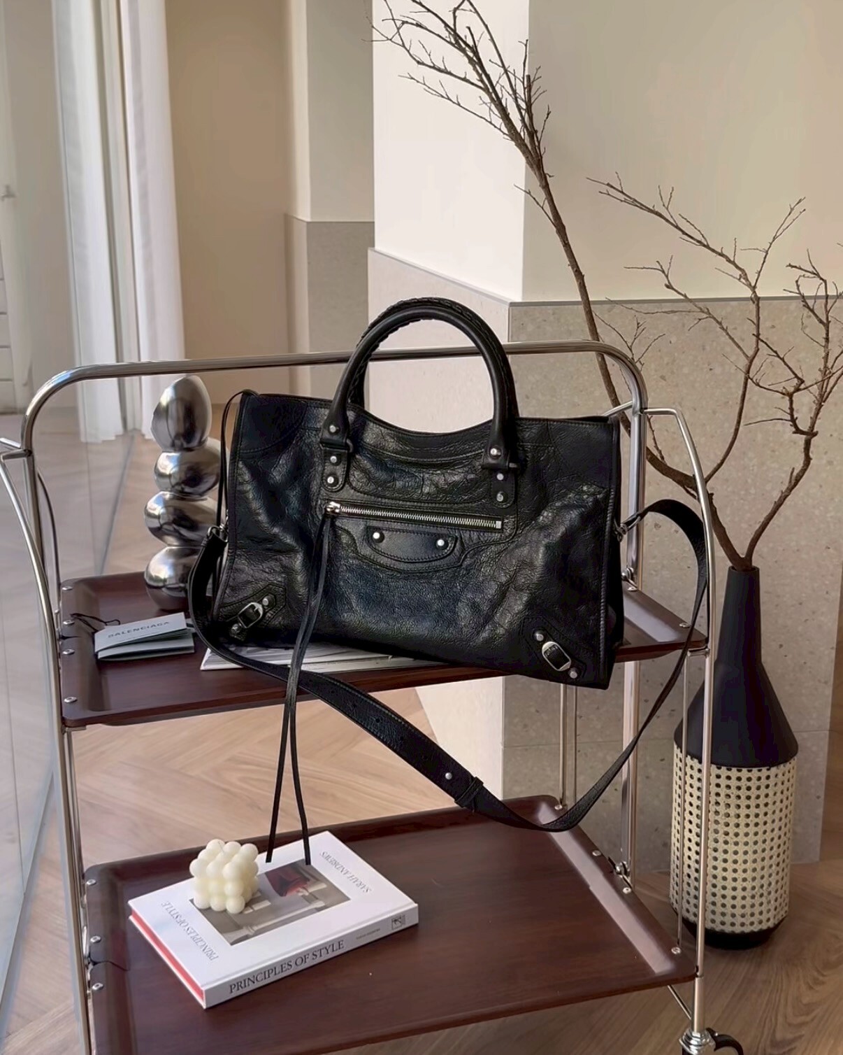 BALENCIAGA｜機車包中號 黑銀