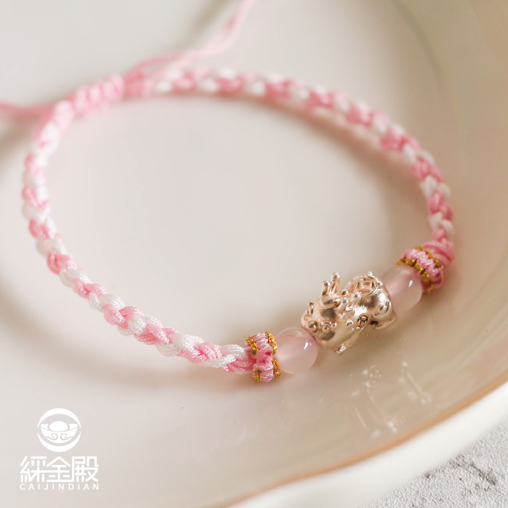 貴人粉-足銀貔貅編織手繩｜招財｜開運｜平安｜福氣｜可調手圍【綵金殿】