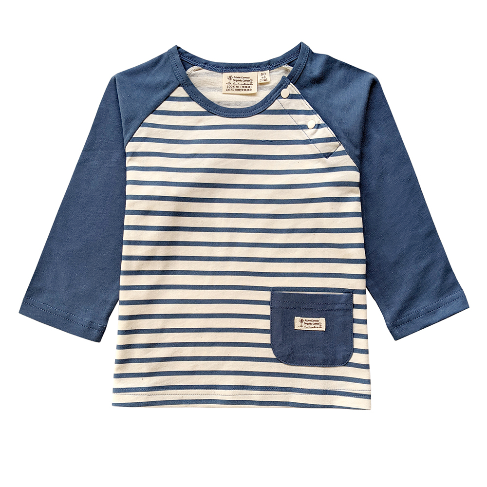 有機棉幼兒拉克蘭袖薄長T-靛藍細條 | 藍天畫布有機棉