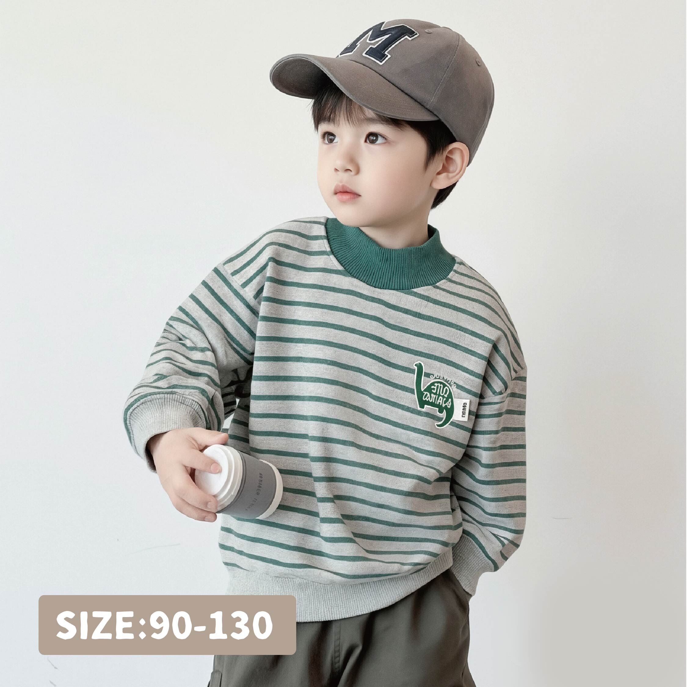 【H35470】刺繡恐龍橫條紋微立領上衣＊二色