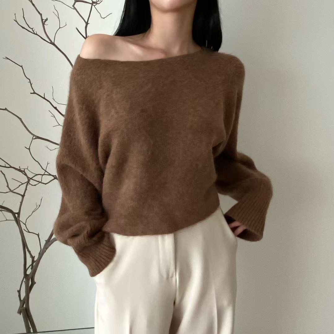 單邊露肩造型毛海感針織上衣毛衣 / 3色