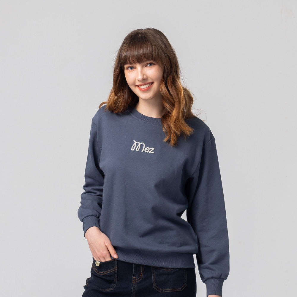 Fleece Embroidered Moose Footprint, 100% Cotton, College T-shirt - Misty Gray-Blue (Asian Version), Women's