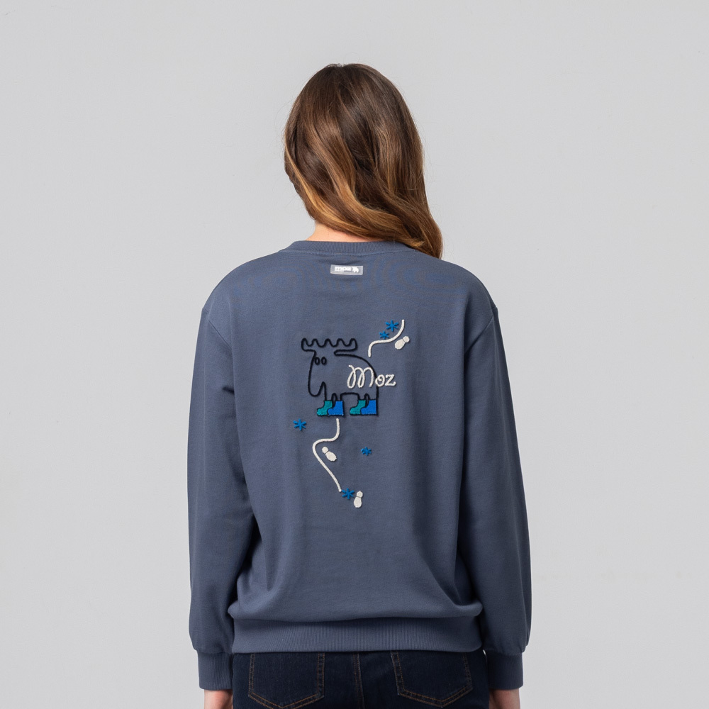 Fleece Embroidered Moose Footprint, 100% Cotton, College T-shirt - Misty Gray-Blue (Asian Version), Women's