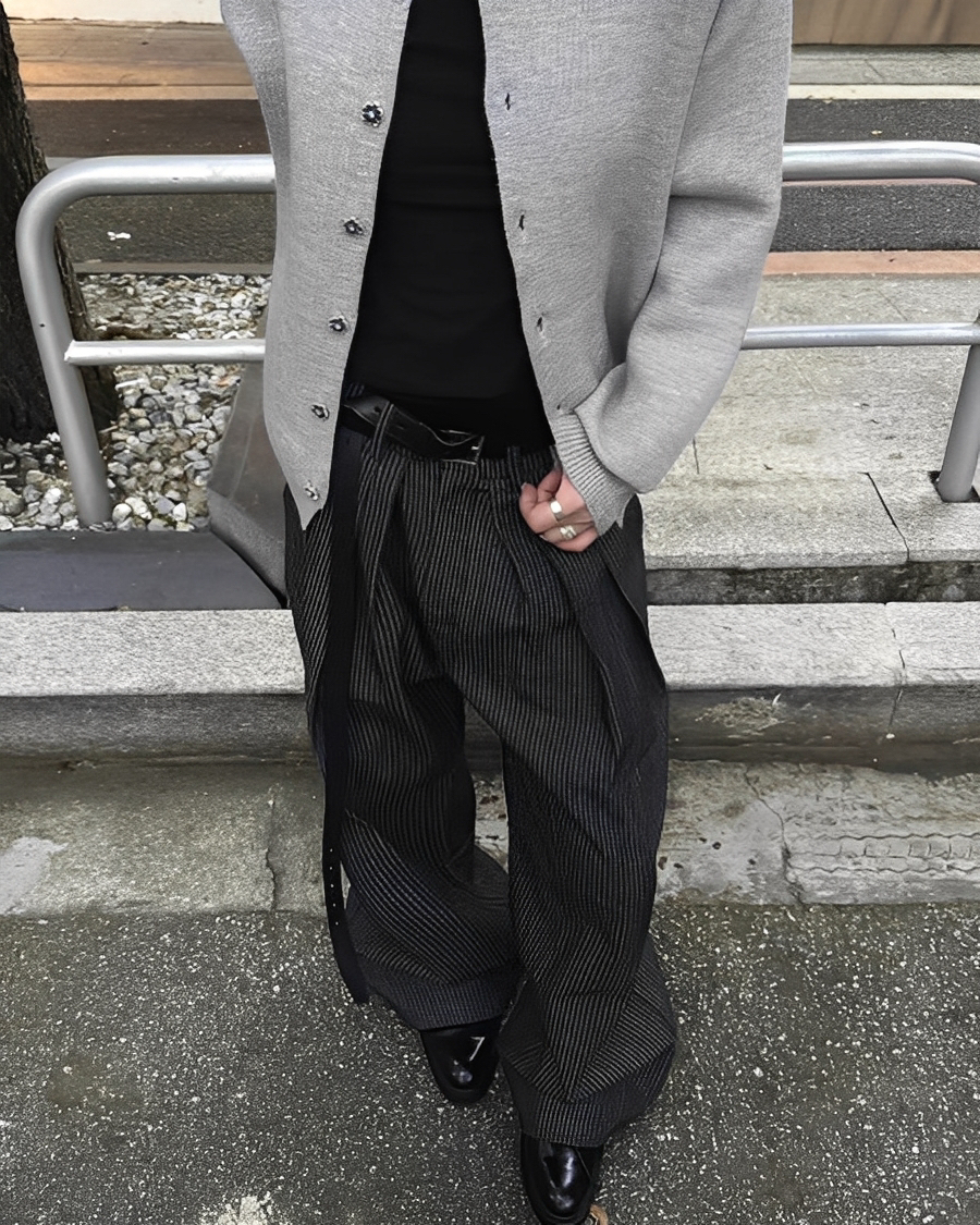 老錢風 三摺 條紋 直筒 休閒 西裝 長褲