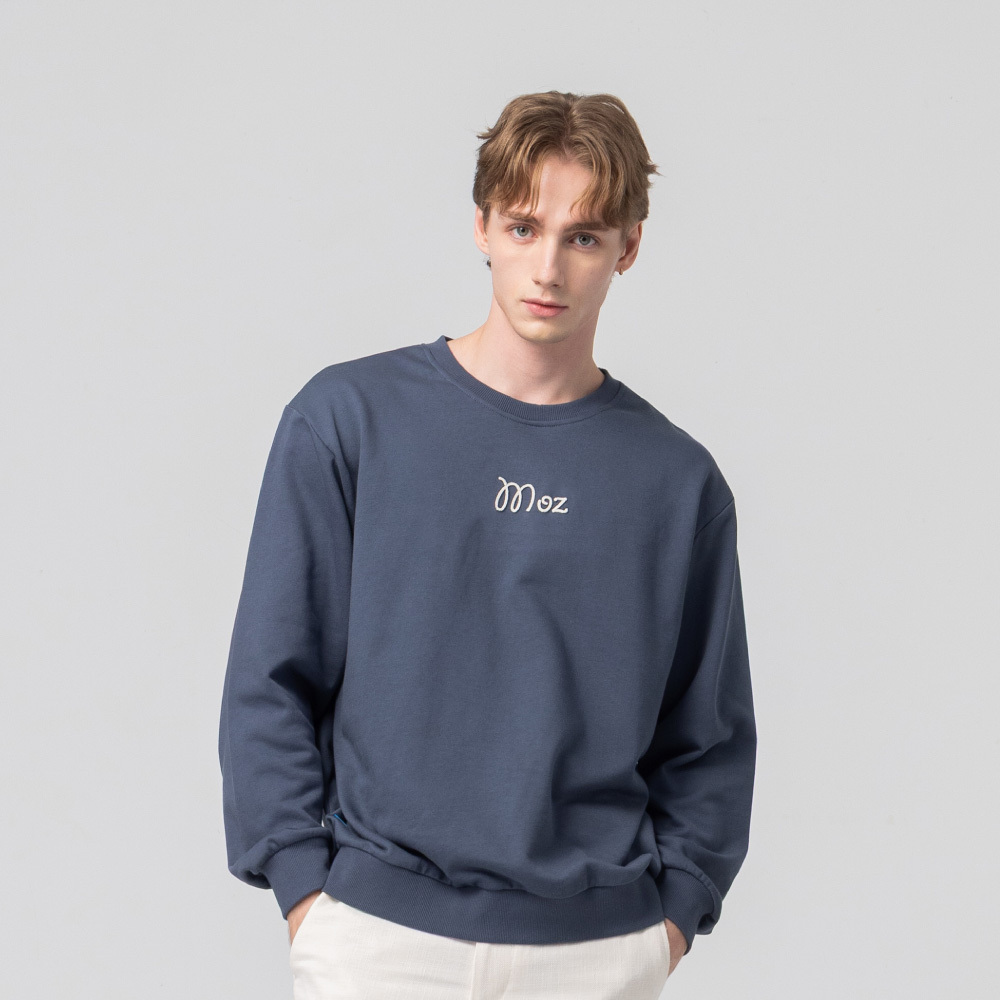 絨毛繡 駝鹿足跡 100%純棉 大學T-霧灰藍(亞洲版) 男款