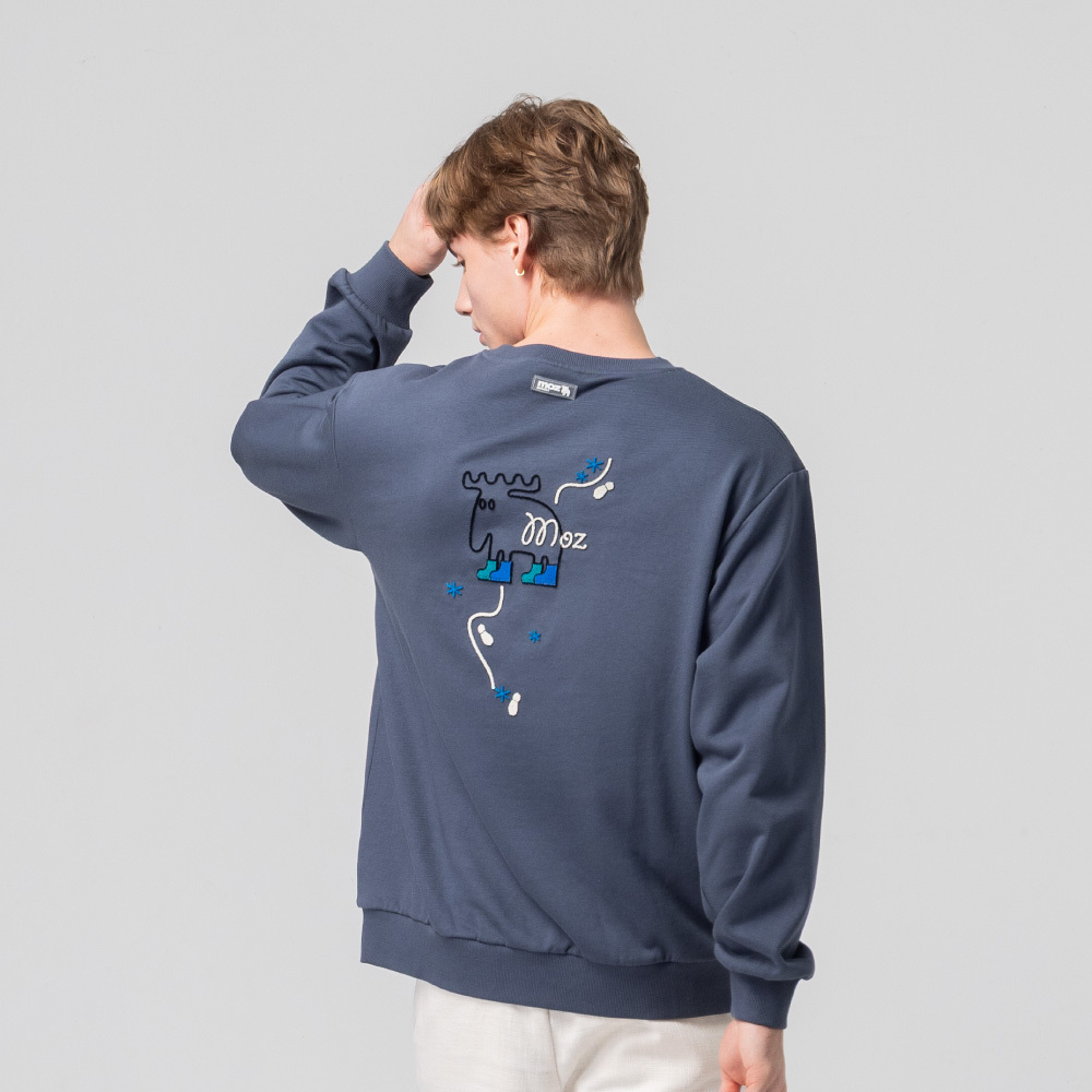 絨毛繡 駝鹿足跡 100%純棉 大學T-霧灰藍(亞洲版) 男款