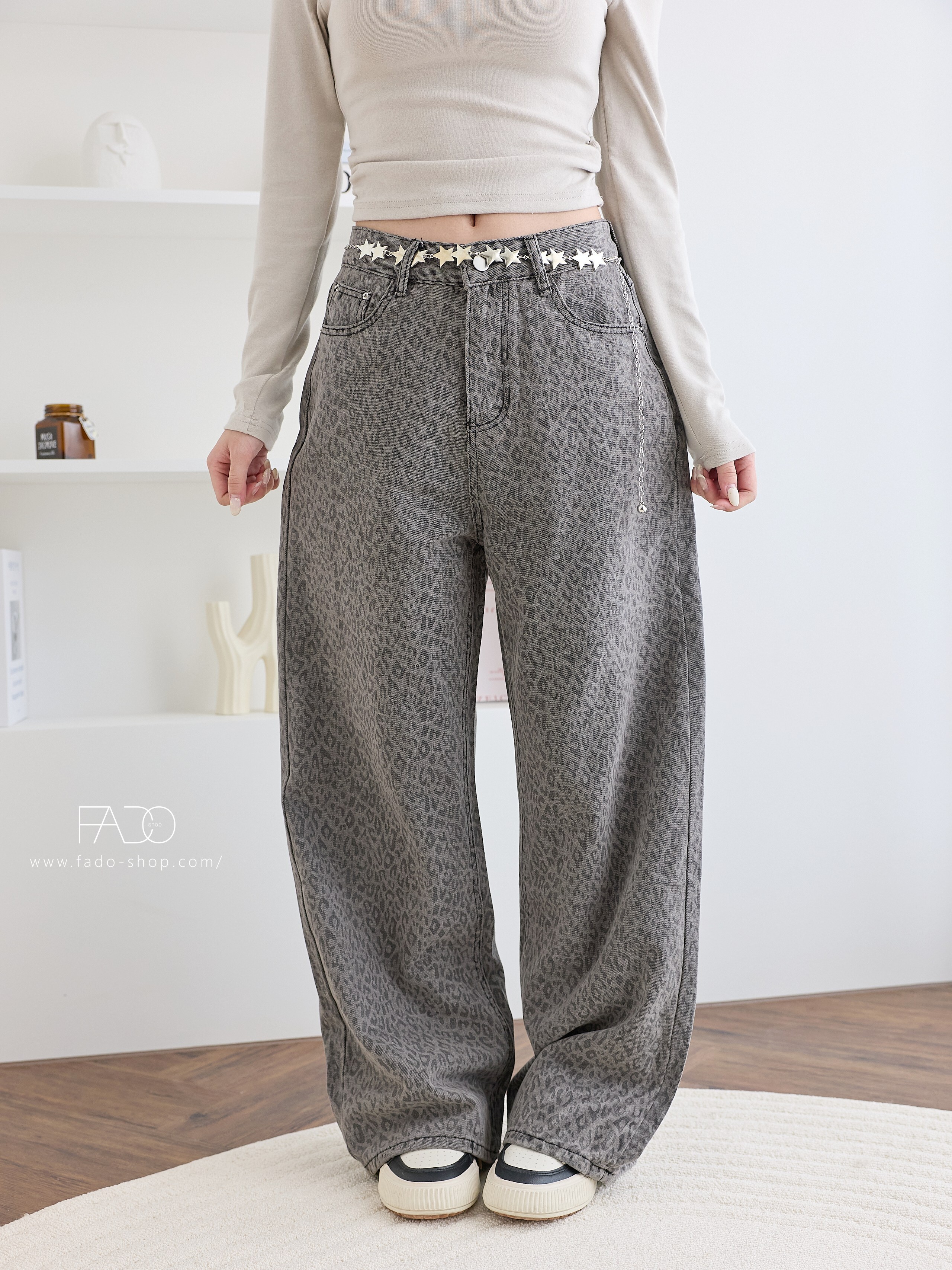 法朵Fado shop｜熱銷款⋆˚🦋 美式單釦豹紋寬褲 2544003 黑/灰 S-XL