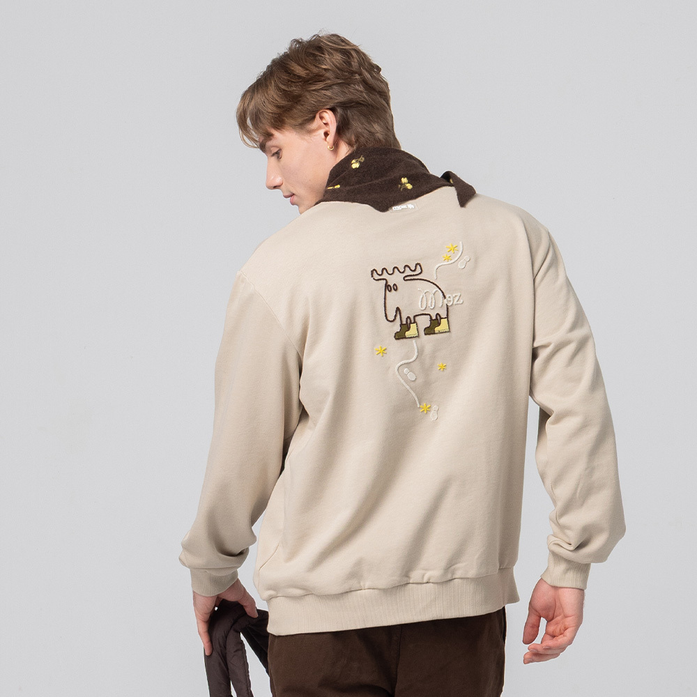 絨毛繡 駝鹿足跡 100%純棉 大學T-淺卡其(亞洲版) 男款