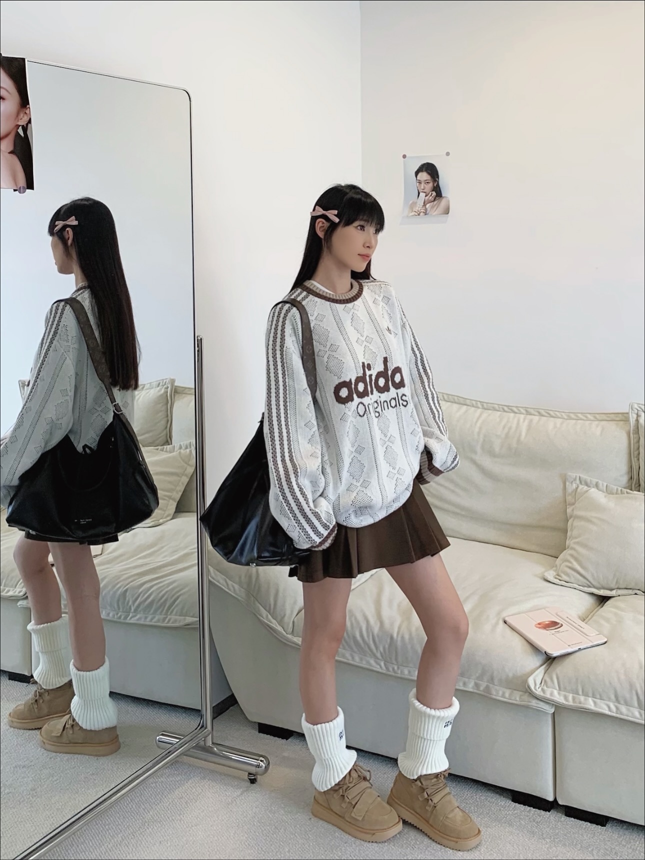 ADIDAS ORIGINALS U SWEATSHIRT CREW 條紋針織衫 米白