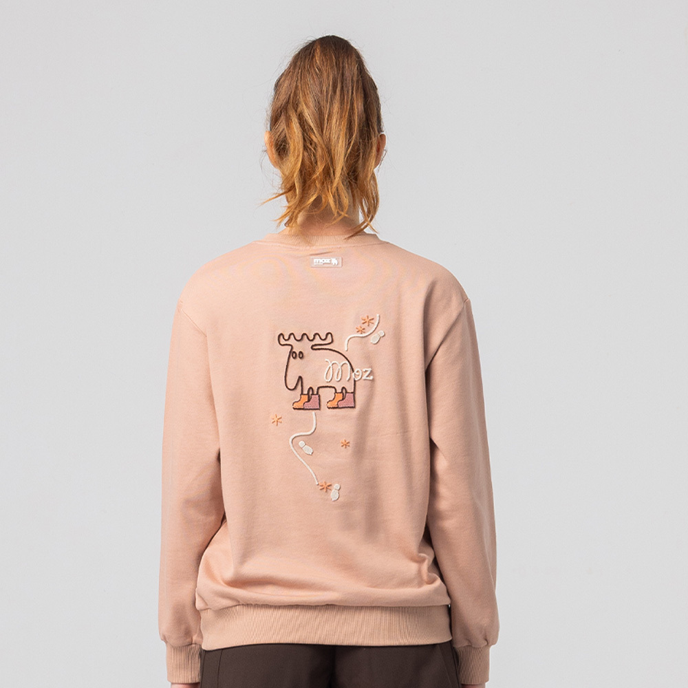 Fleece Embroidered Moose Footprint, 100% Cotton, College T-shirt - Peach Pink (Asian Version), Women's