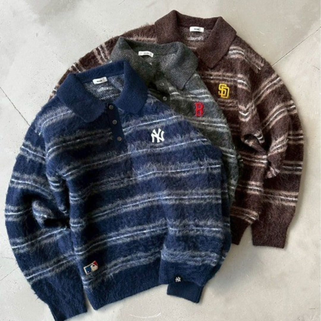 "代購" Perushu × MLB 馬海毛條紋針織 Polo 衫