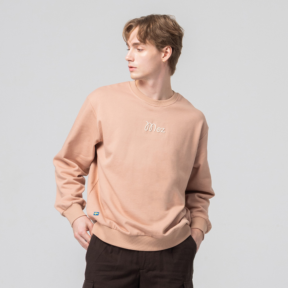 絨毛繡 駝鹿足跡 100%純棉 大學T-蜜桃粉(亞洲版) 男款