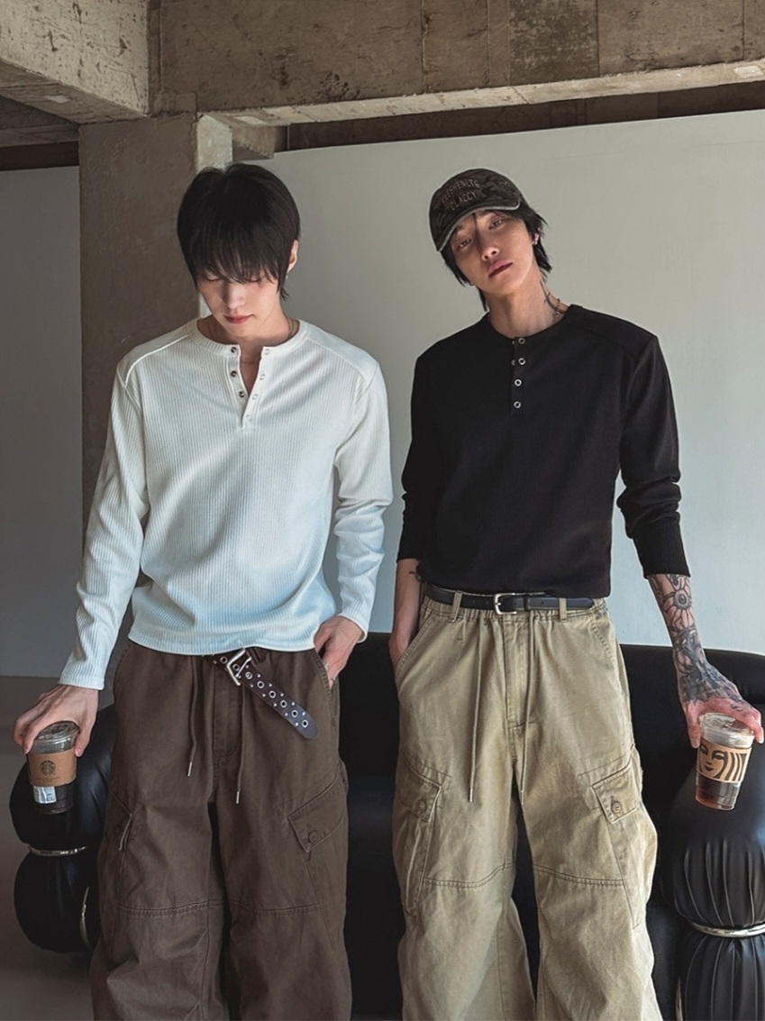 雙肩羅紋亨利領T恤