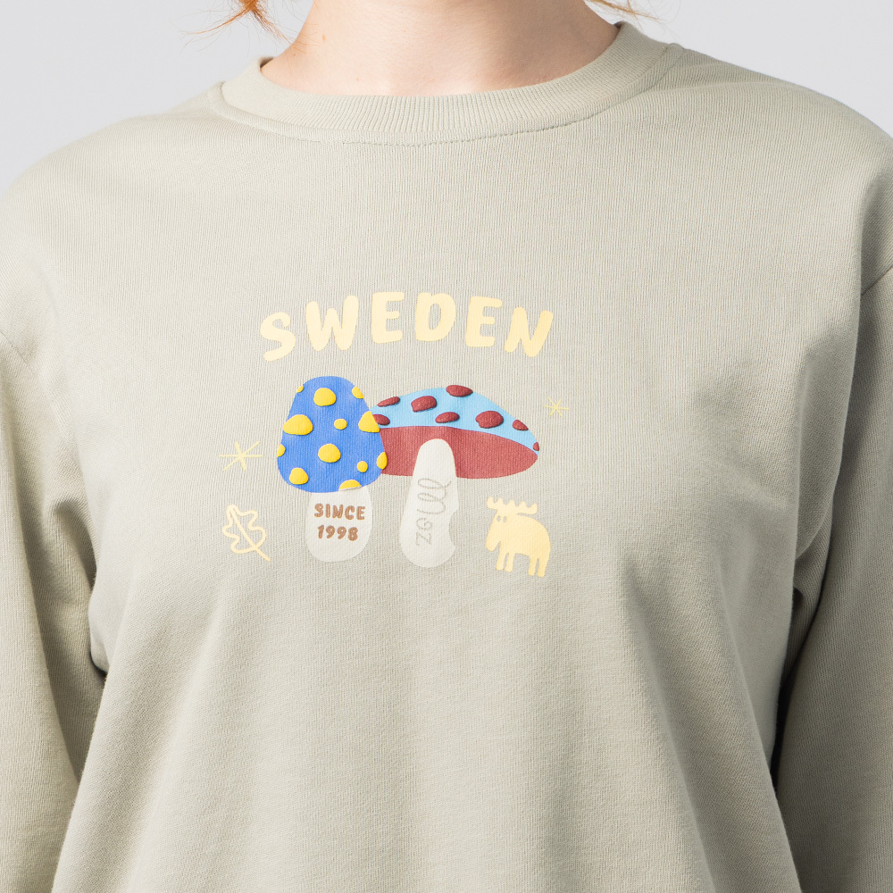3D foam design, moose mushroom bite, 100% cotton, college T-shirt - olive green (Asian version), slit, women's style.