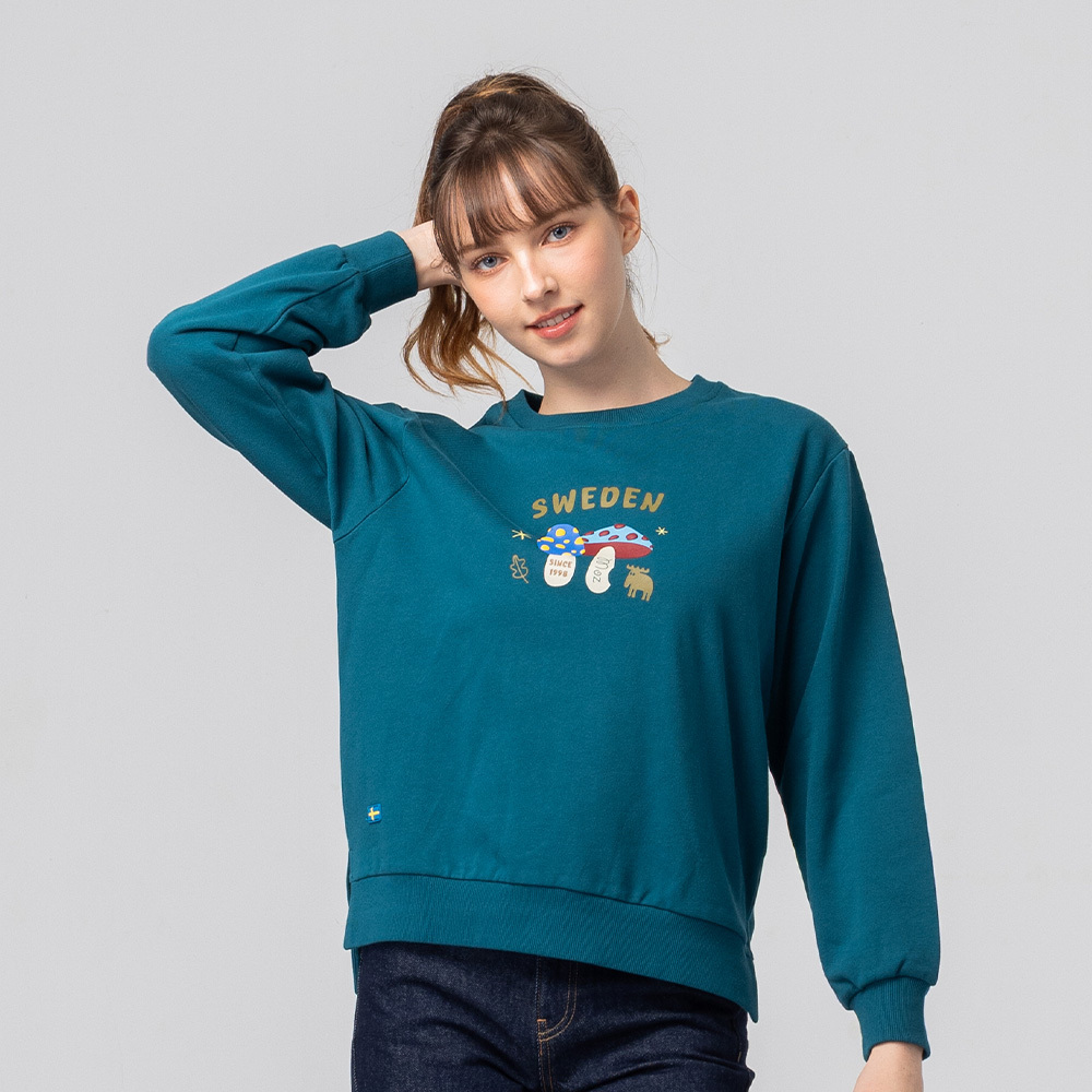 3D foam design, moose mushroom bite pattern, 100% cotton, slit college T-shirt - dark blue-green (Asian version), women's style.