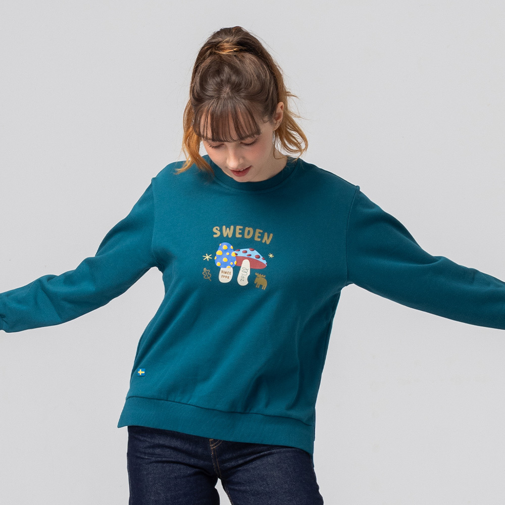 3D foam design, moose mushroom bite pattern, 100% cotton, slit college T-shirt - dark blue-green (Asian version), women's style.