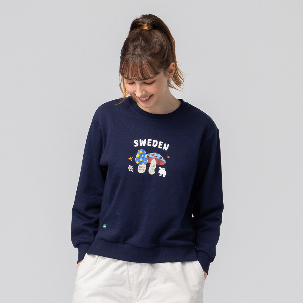 3D foam design, moose and mushroom bite pattern, 100% cotton, slit college T-shirt - dark blue (Asian version), women's style