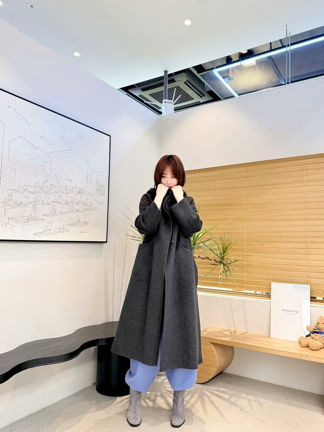 AB5210 羊絨連帽雙排扣長版外套