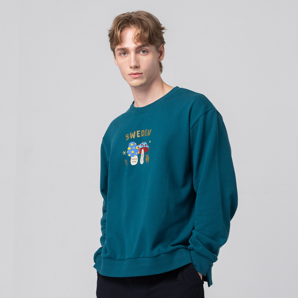 立體發泡 駝鹿蘑菇咬一口 100%純棉 開衩大學T-墨藍綠(亞洲版) 開衩 男款