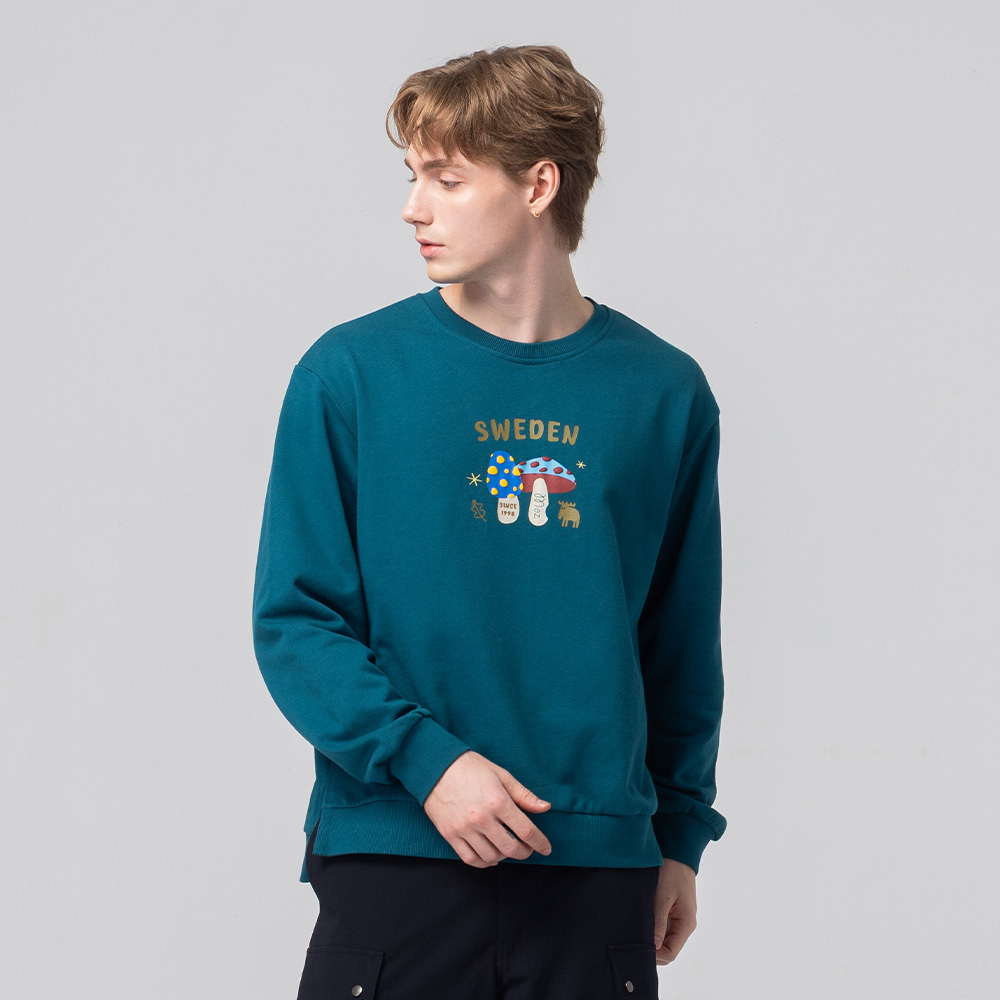 立體發泡 駝鹿蘑菇咬一口 100%純棉 開衩大學T-墨藍綠(亞洲版) 開衩 男款